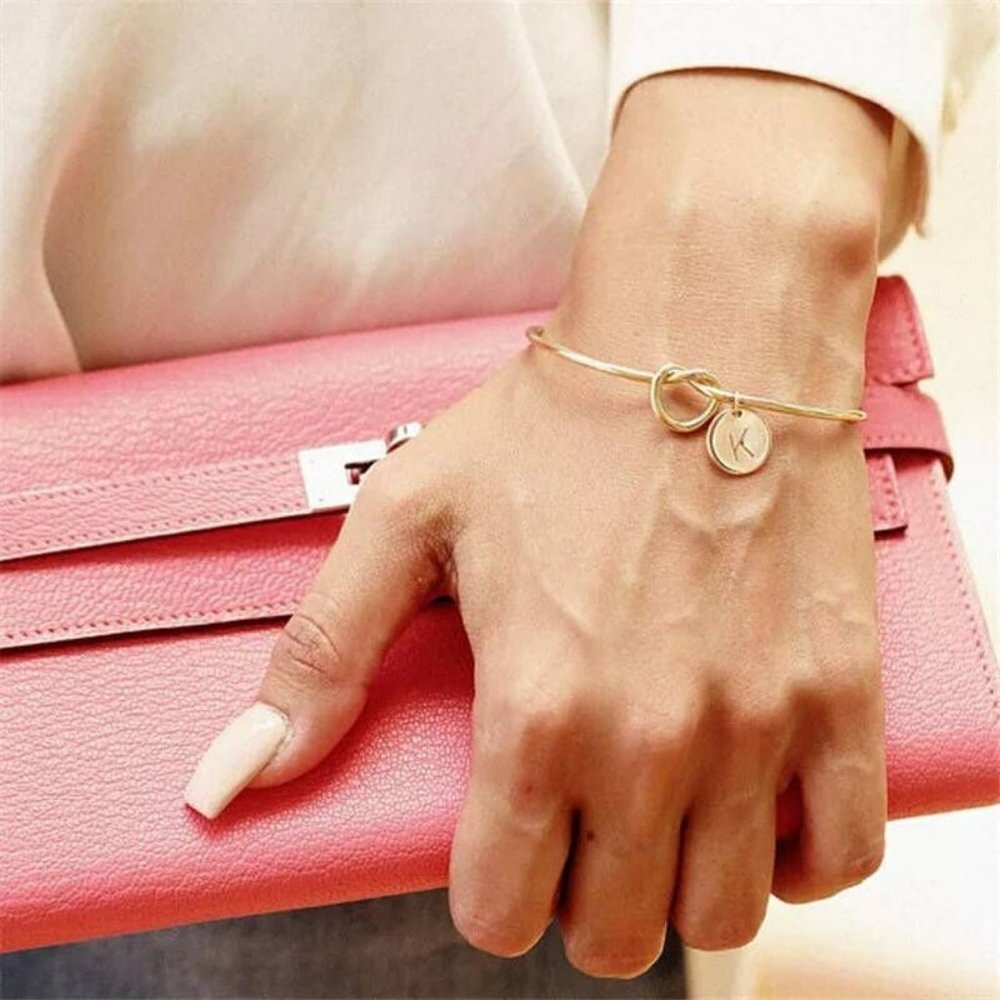 💛 Gold Knot Bangle with Custom Initial Charm –‎ Every Letter Available!